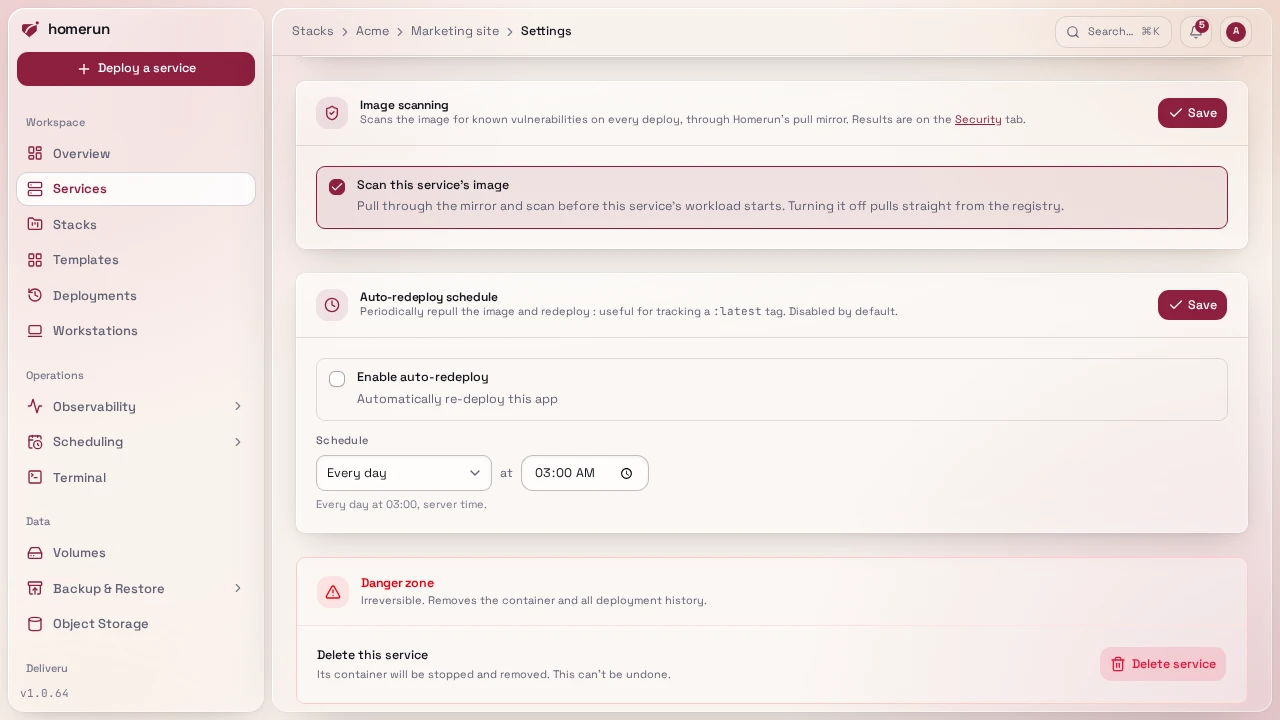 The Image scanning section of a service's Settings tab
