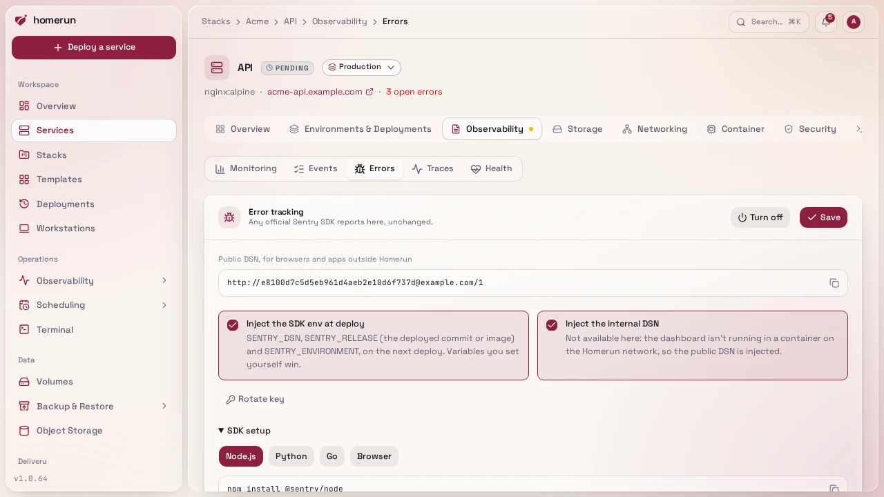 A service's Observability → Errors with error tracking on: its DSN, the env injection settings and the SDK setup snippets