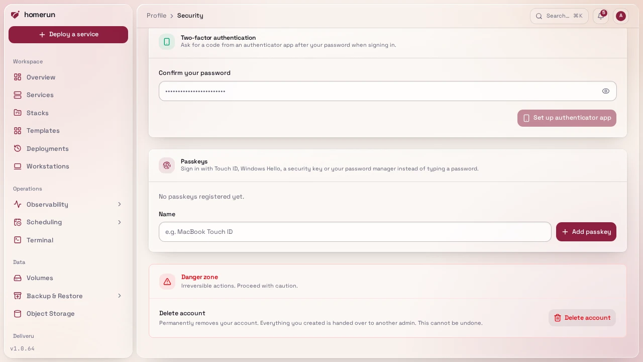 The Passkeys panel under Profile → Security