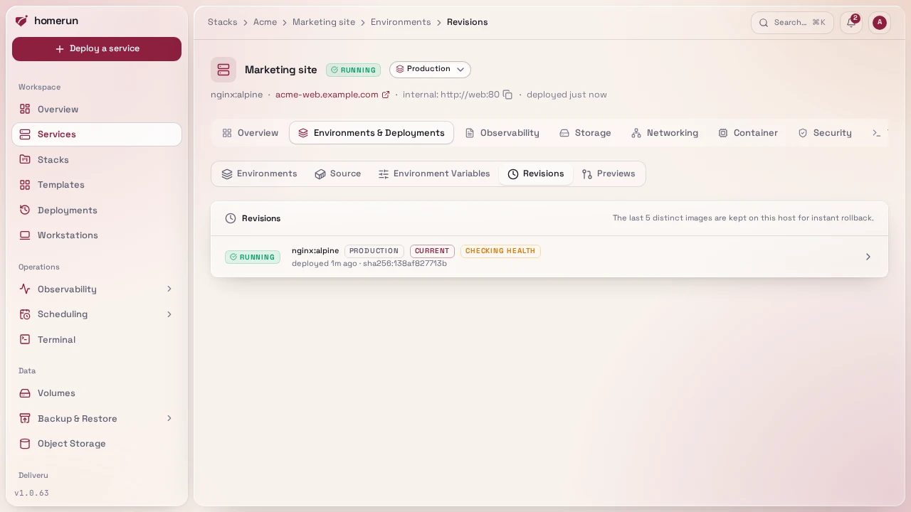 A service's Environments & Deployments → Revisions