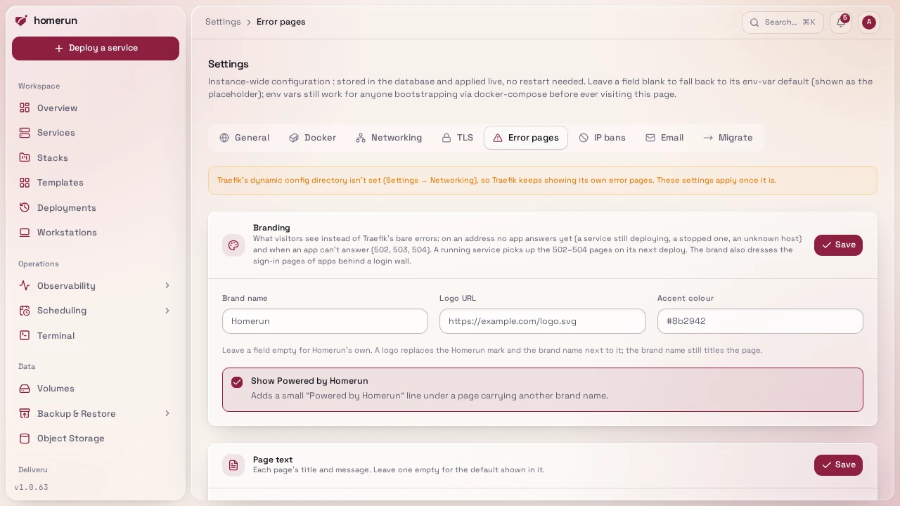 Settings → Error pages, with the branding and each page's text