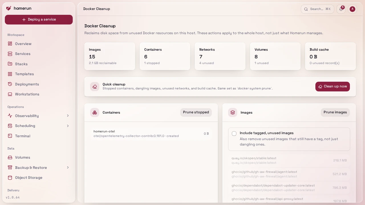 Docker Cleanup: what each category would free, Quick cleanup, and a panel per category