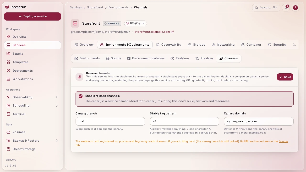 Environments & Deployments → Channels with release channels ticked and a canary domain filled in
