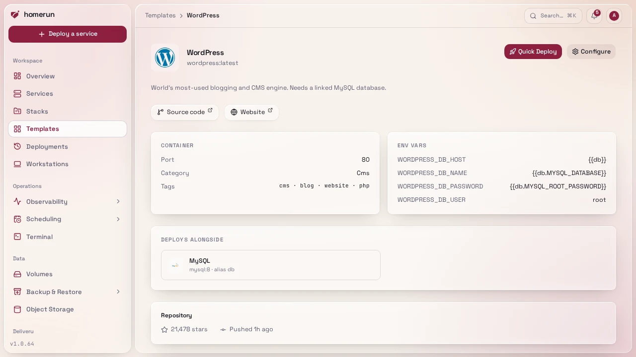 WordPress's details page, with the MySQL it deploys alongside
