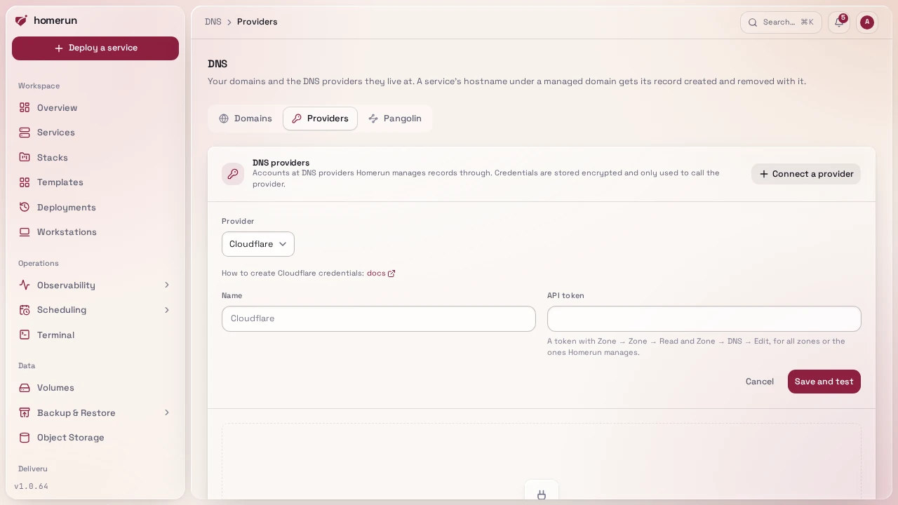 Connecting a provider: Cloudflare picked, with a link to its docs and the fields it needs