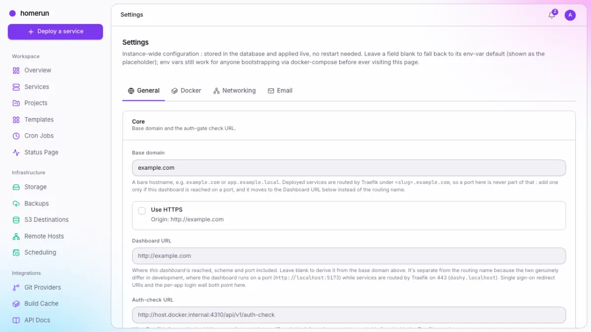 The instance settings page, on the General tab