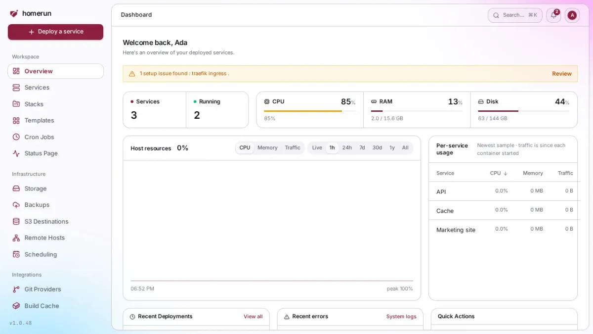 The Homerun dashboard, showing service counts and live host resources