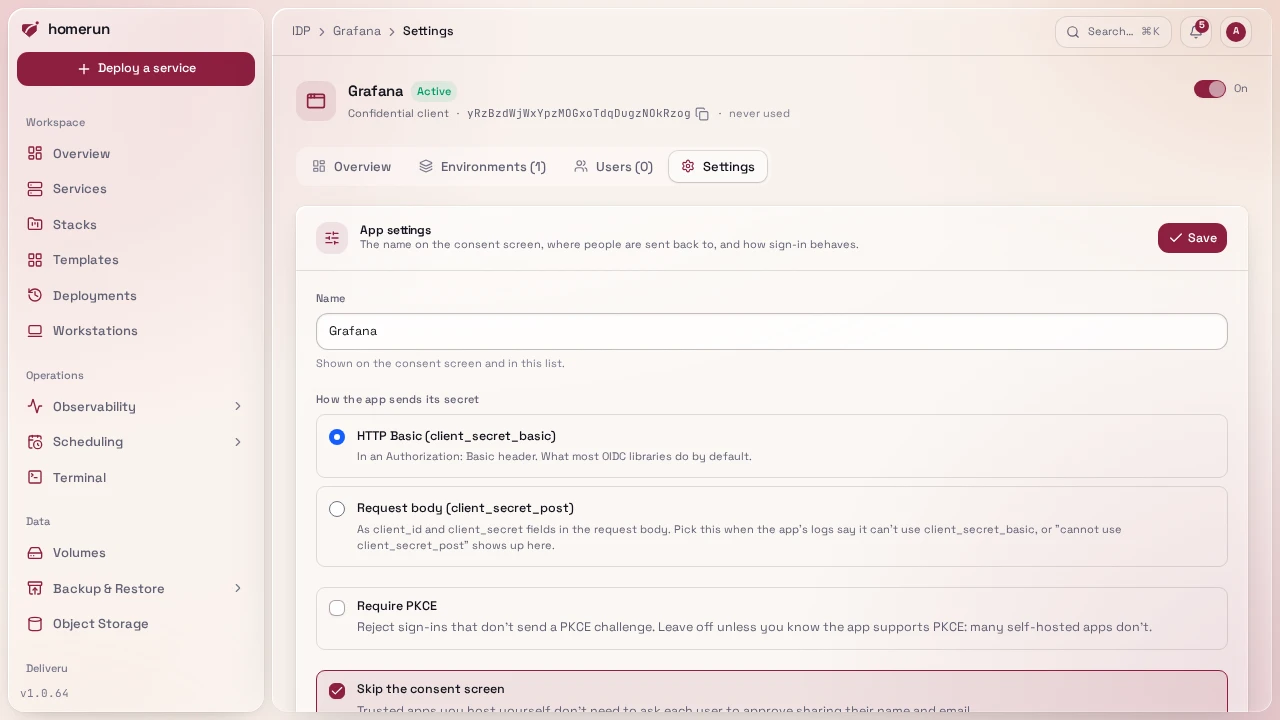 An app's Settings tab, with the on/off switch at the top of the page
