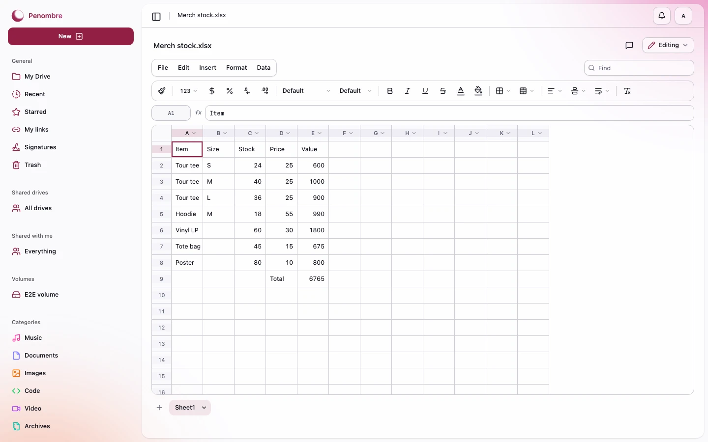 An Excel workbook in the sheet editor