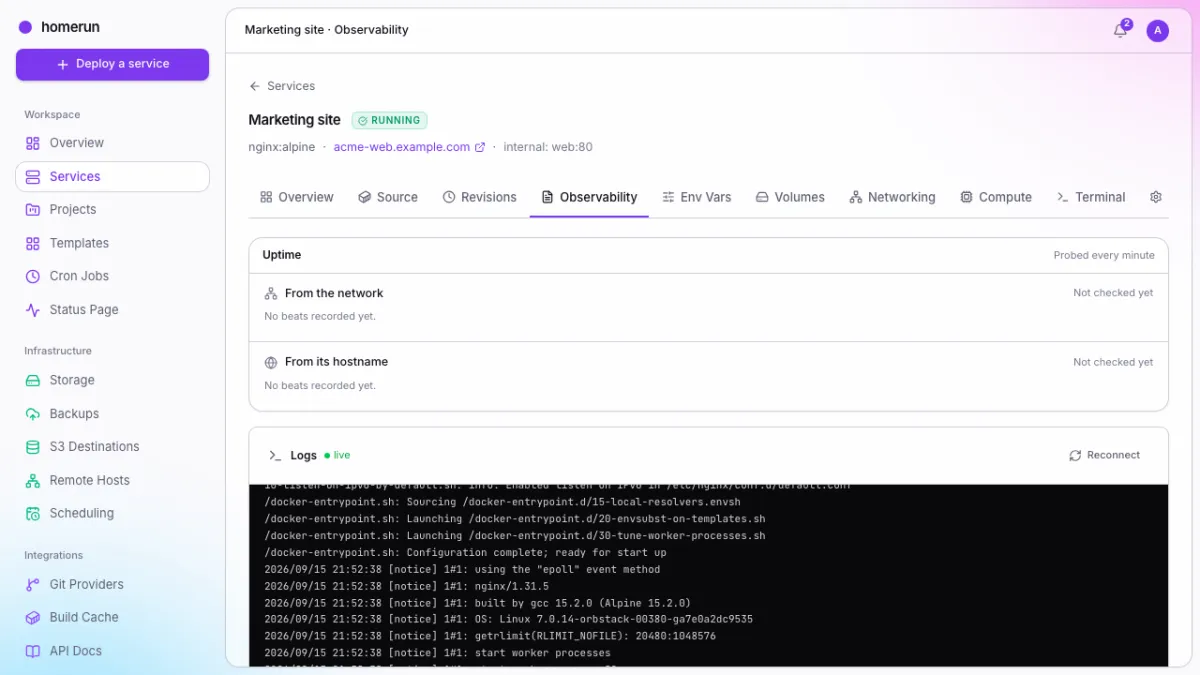 A service’s observability tab: uptime checks above a live log stream