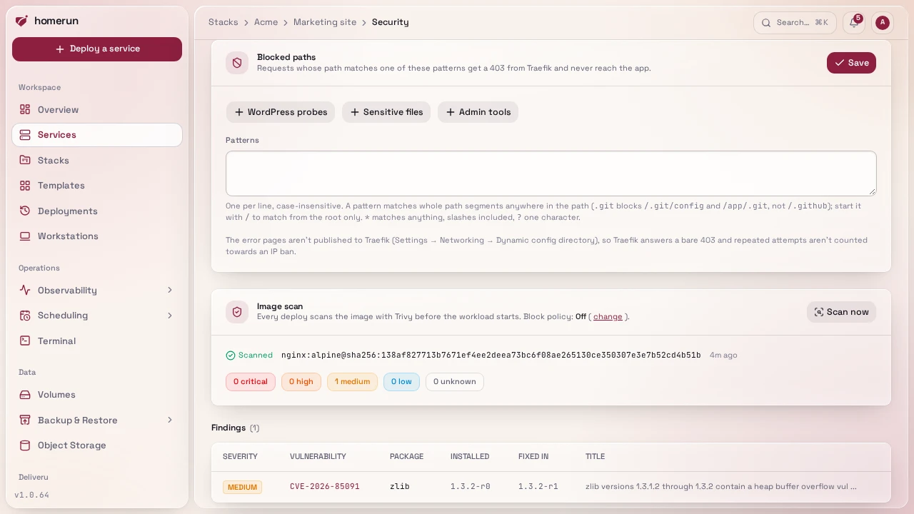 The Security tab's image scan panel, with the block policy and the latest scan