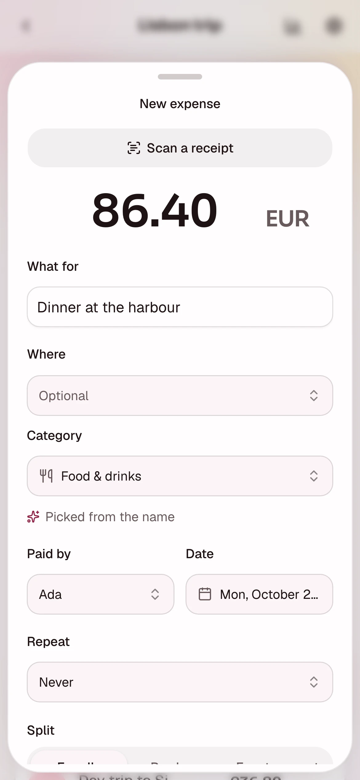 Adding an expense