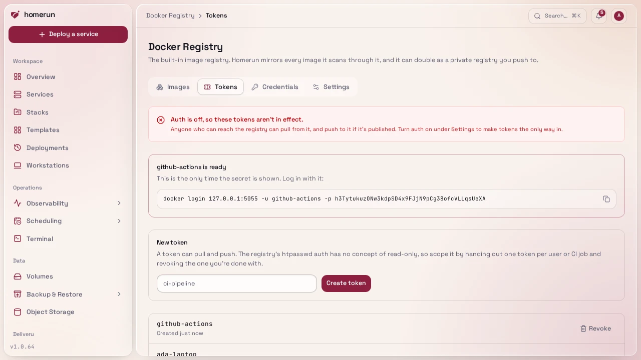 A token just created, its one-time docker login line above the token form