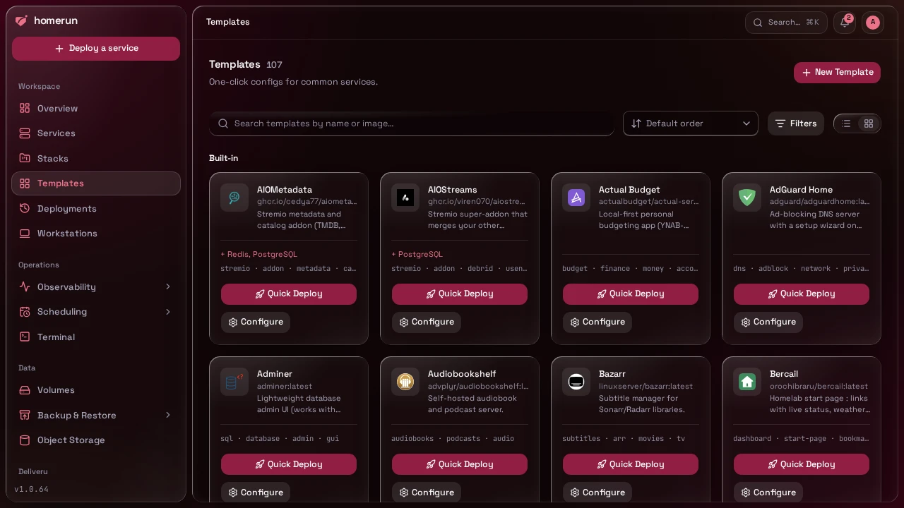 The template catalog, dark