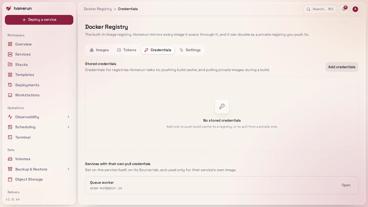 The Credentials tab: stored registry credentials, and a service with its own