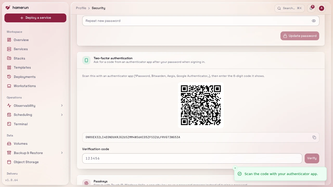 Setting up an authenticator app: the QR code, the setup key and the code field