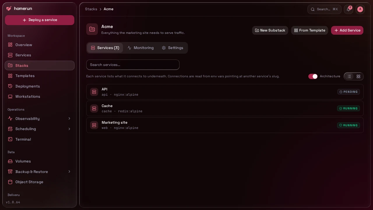 A stack's page, listing its services