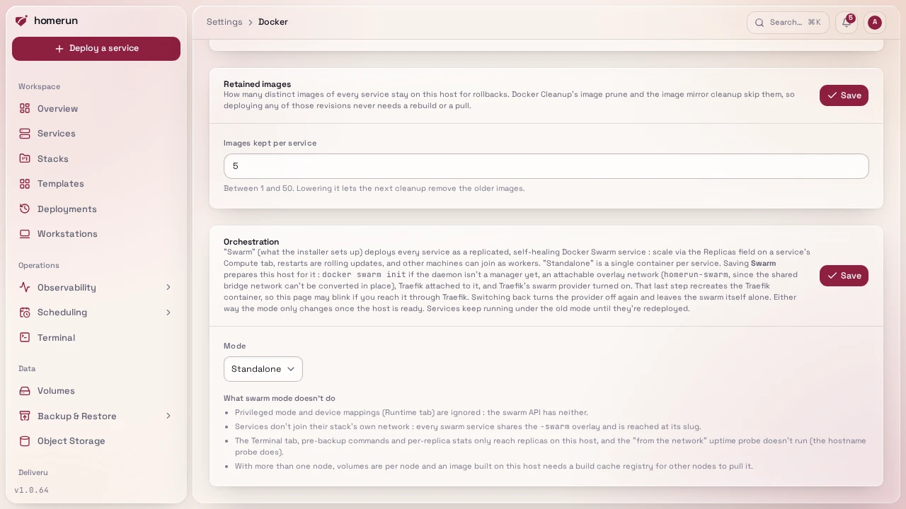Settings → Docker → Orchestration, where the mode is picked and what swarm mode doesn't do is listed