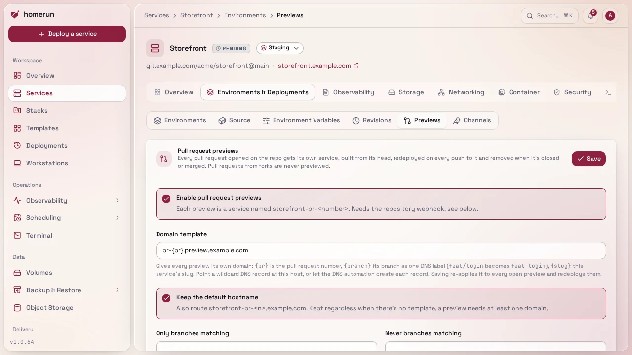 A git service's Environments & Deployments → Previews with pull request previews enabled