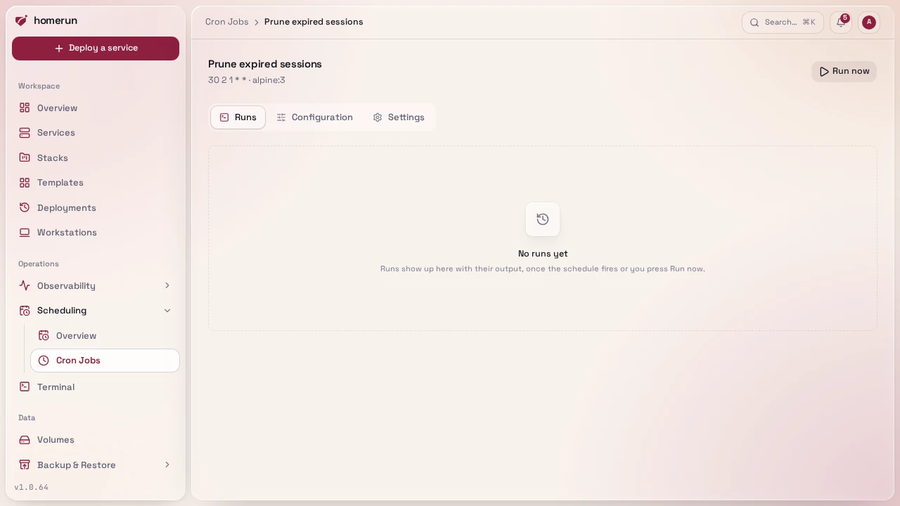 A cron job's page: its schedule, image, command, timeout and Run now