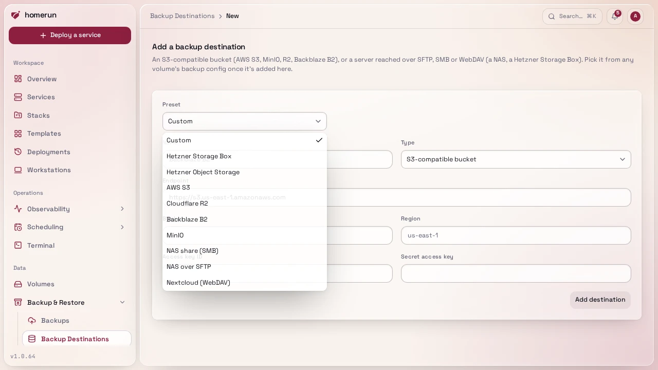 Adding a backup destination, with the Preset picker open on the providers it knows