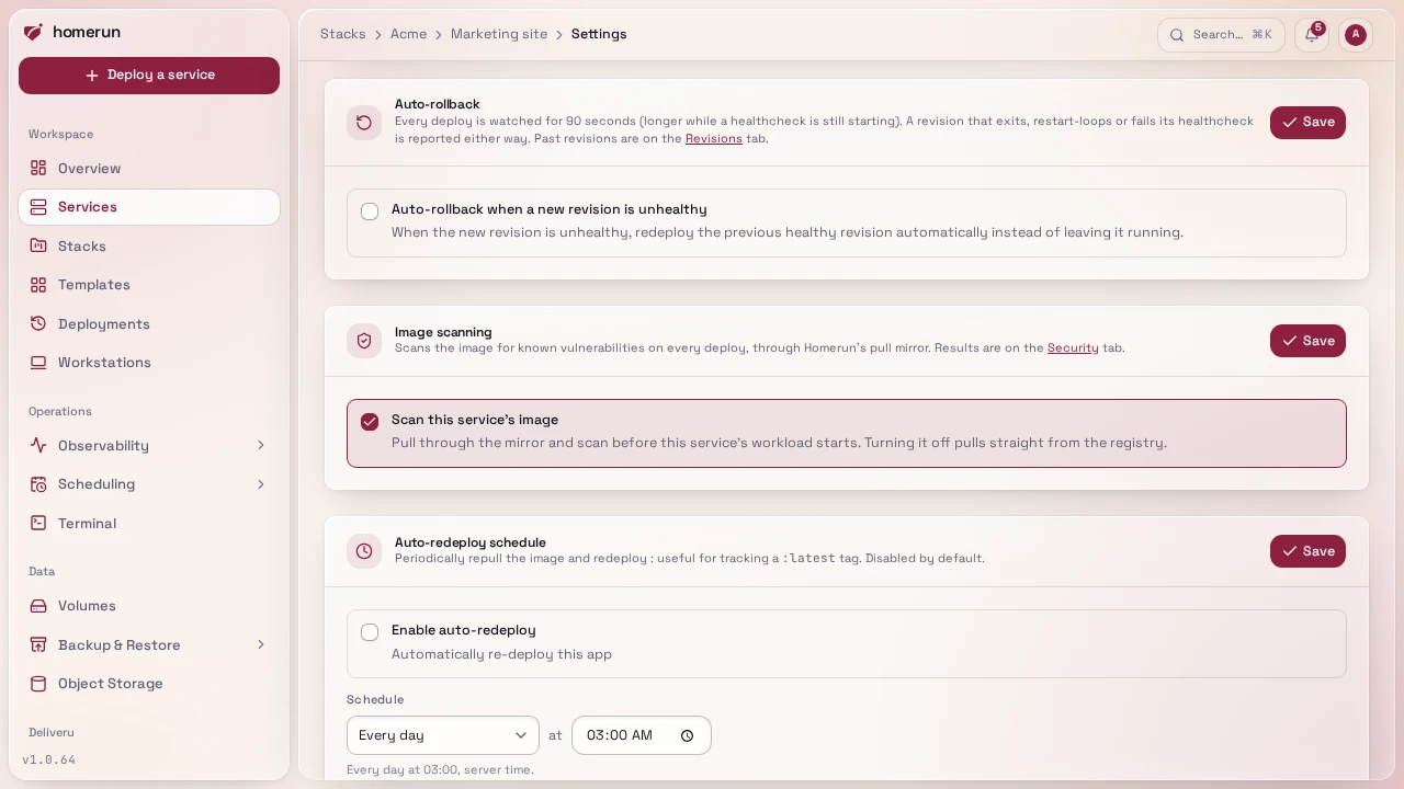 The Auto-rollback section of a service's Settings tab