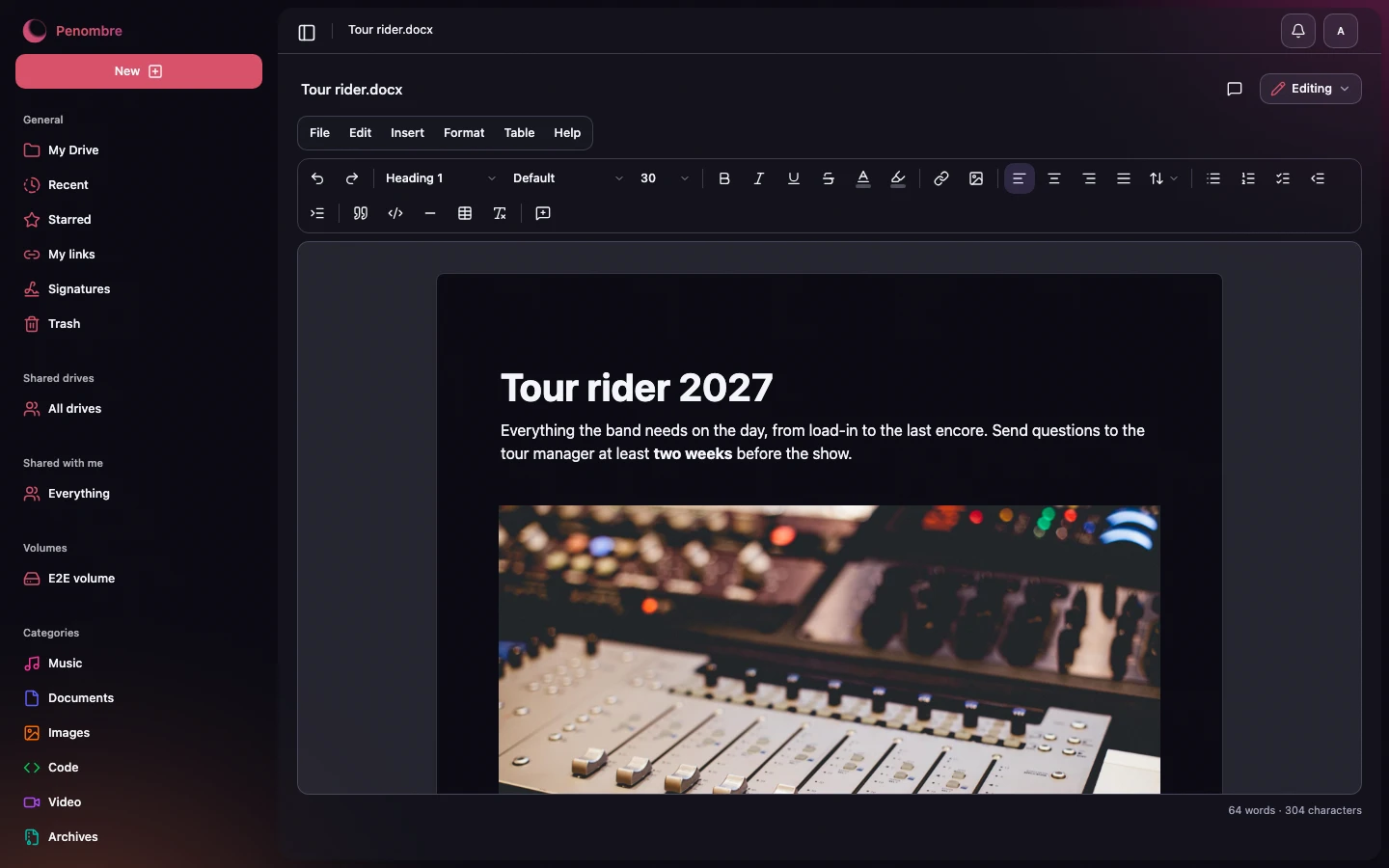 A Word document in the editor, dark