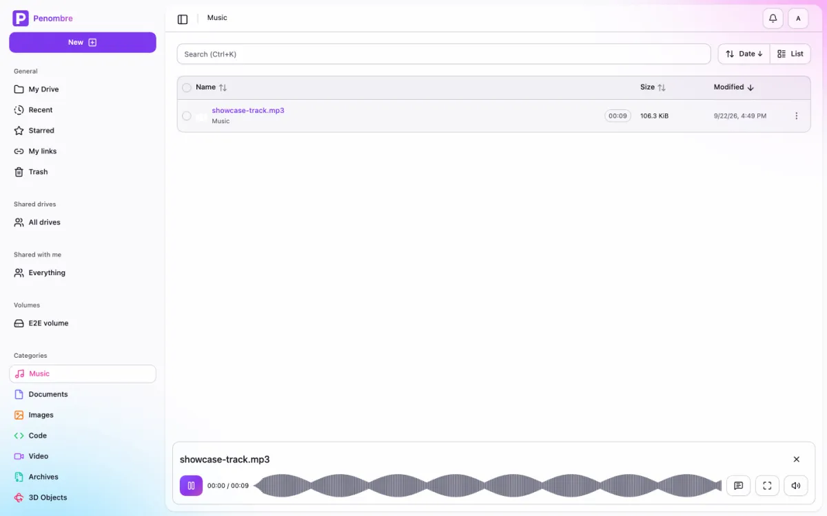 The Penombre music player with a waveform progress bar