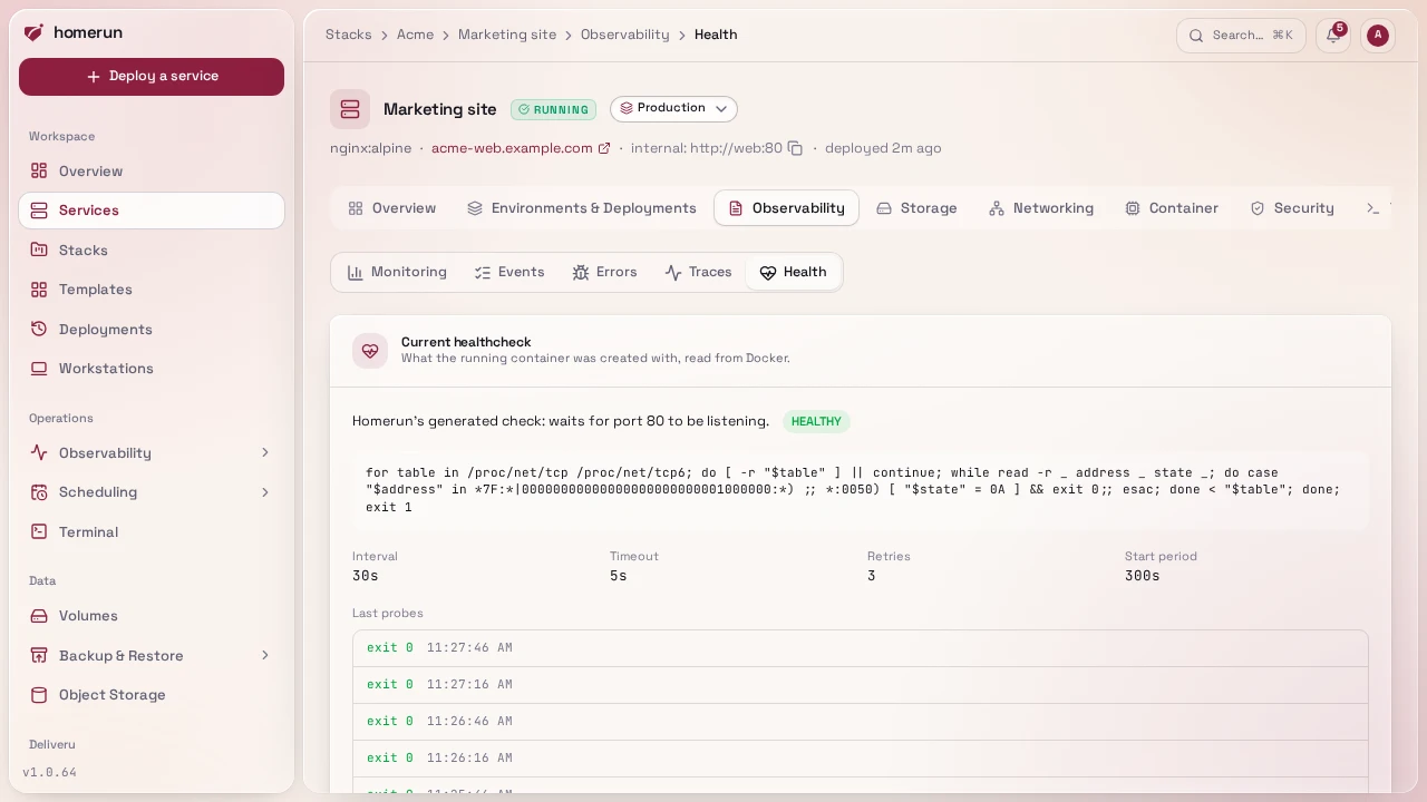 Observability → Health, showing the healthcheck the running container was created with