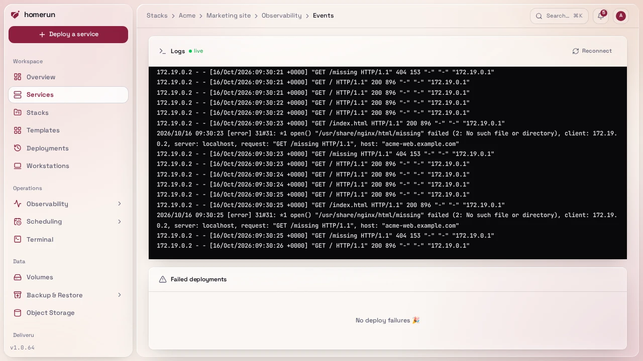 The live log panel streaming a container's output