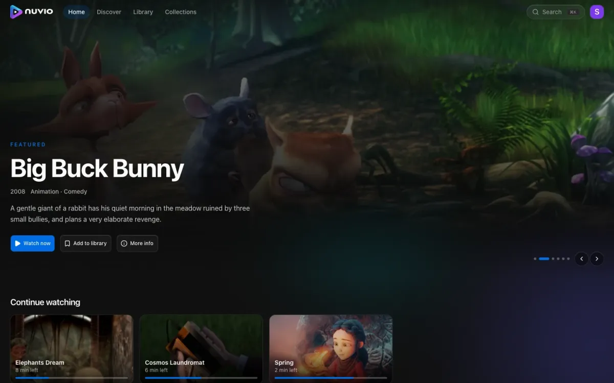 The Nuvio Web home screen, with a hero carousel above continue watching