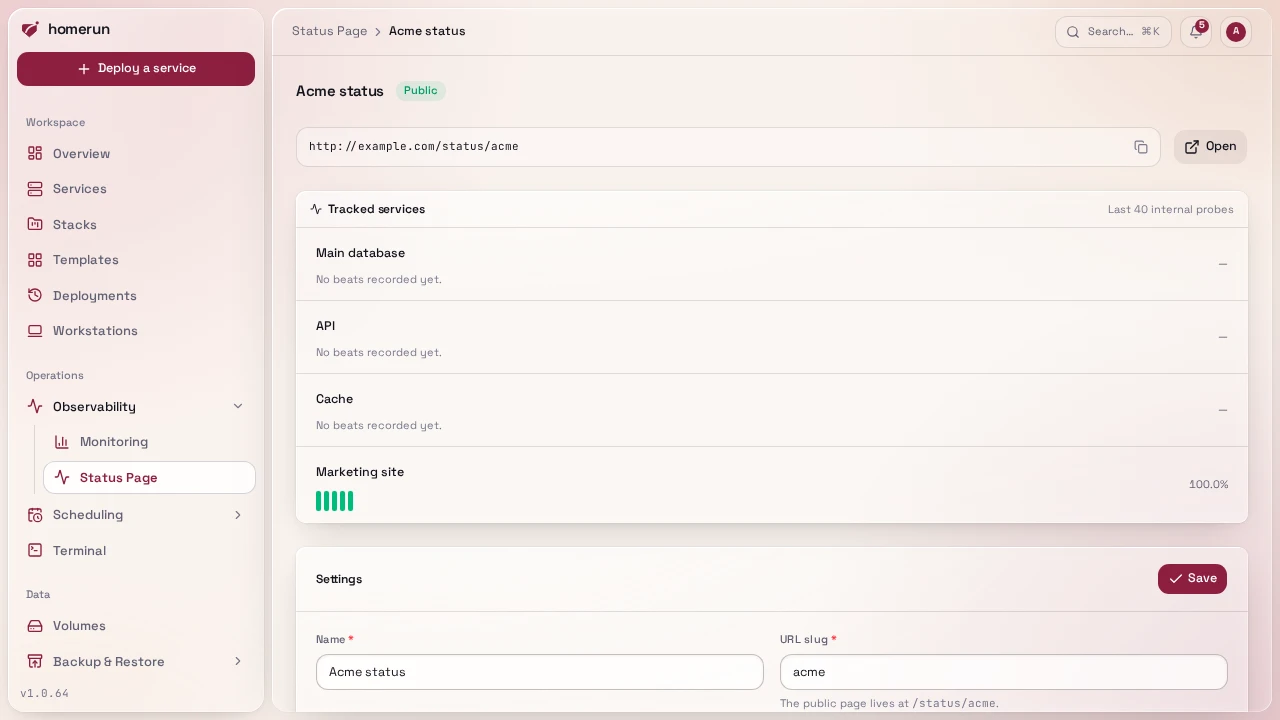 A status page in the dashboard: its public link, each tracked service's heartbeats and uptime, and its settings