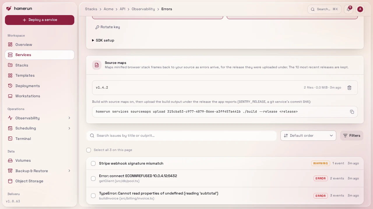 The Source maps panel in Observability → Errors, listing the releases with maps