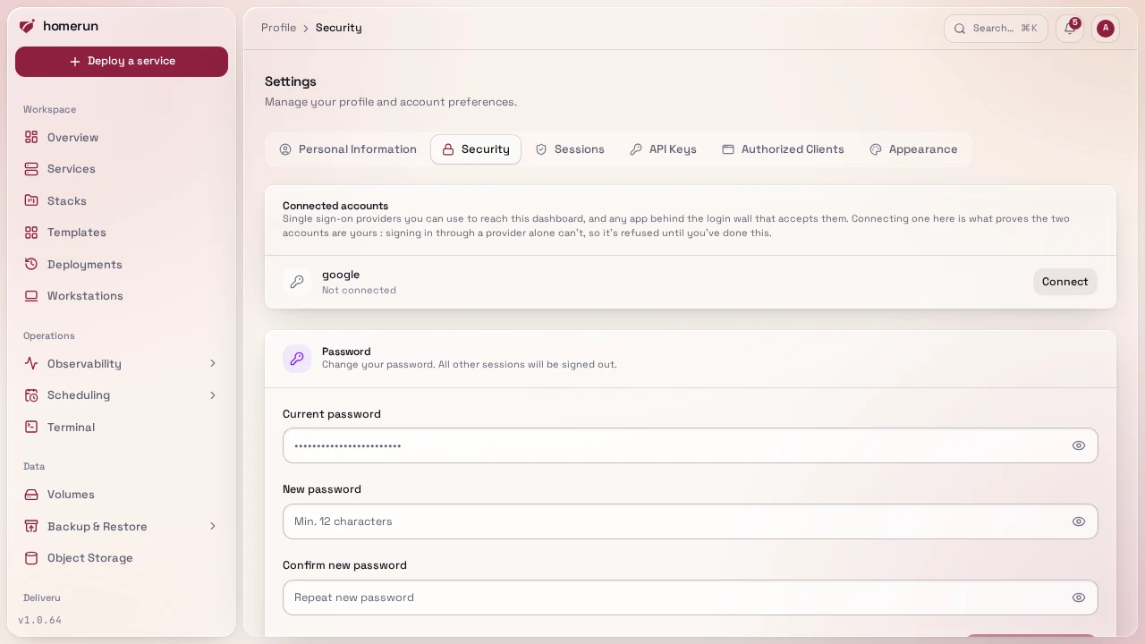 Profile → Security with Connected accounts at the top