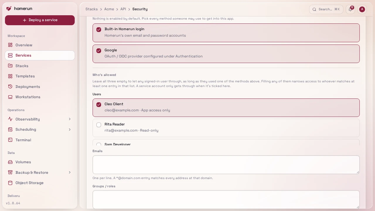 The login wall's Users, Emails and Groups / roles lists