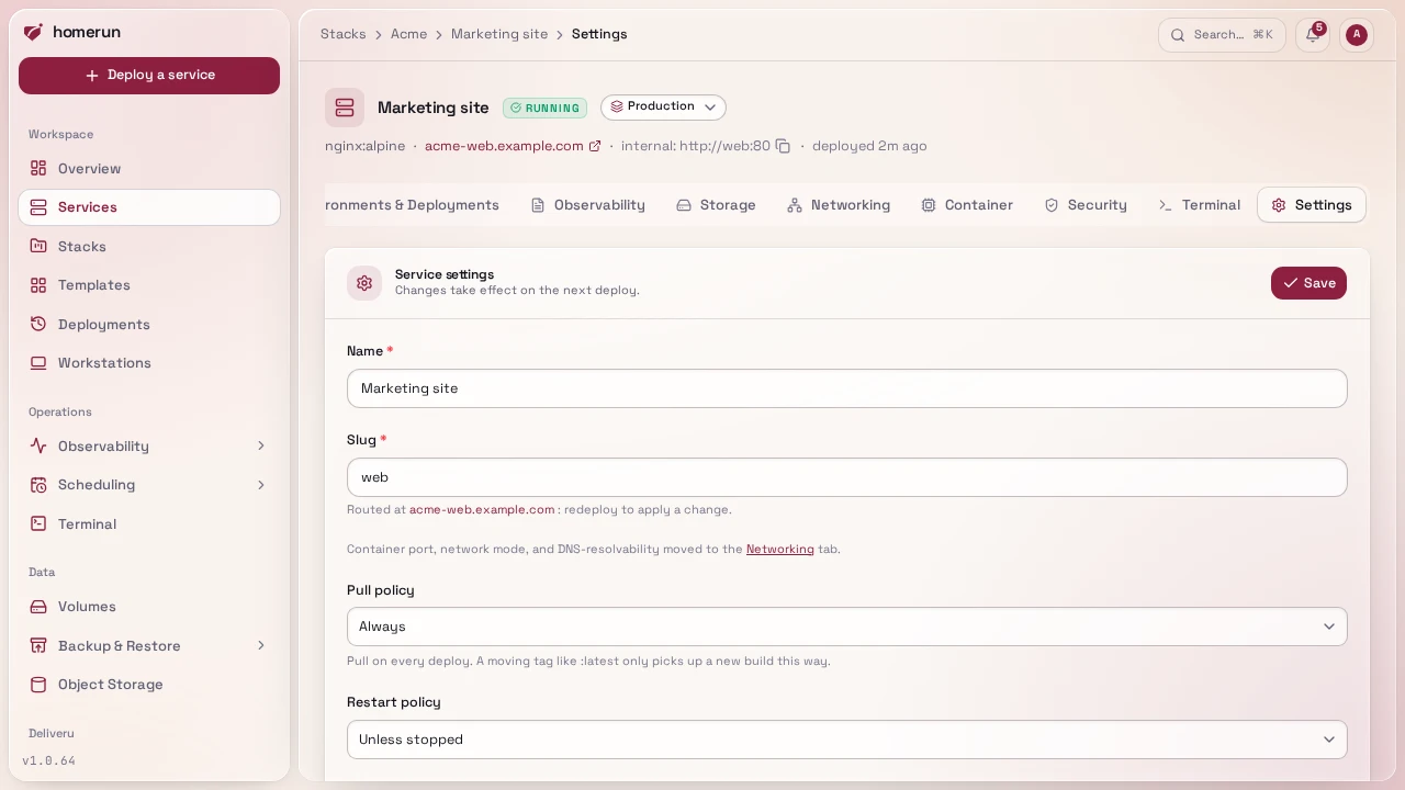 A service's Settings tab with its name, slug, pull policy, restart policy and environment