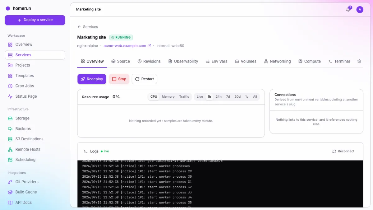 A service overview page with its status, hostname and live log tail