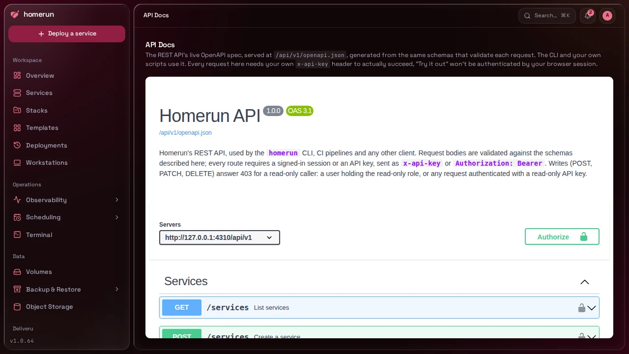 The API Docs page rendering the OpenAPI spec in Swagger UI