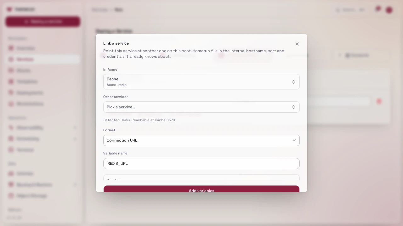 The new-service wizard's Link a service dialog, with Cache picked and the variable it adds