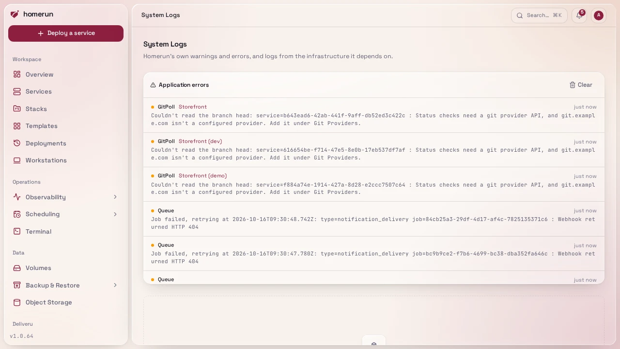 System Logs, with Homerun's own warnings and errors above the containers of its stack