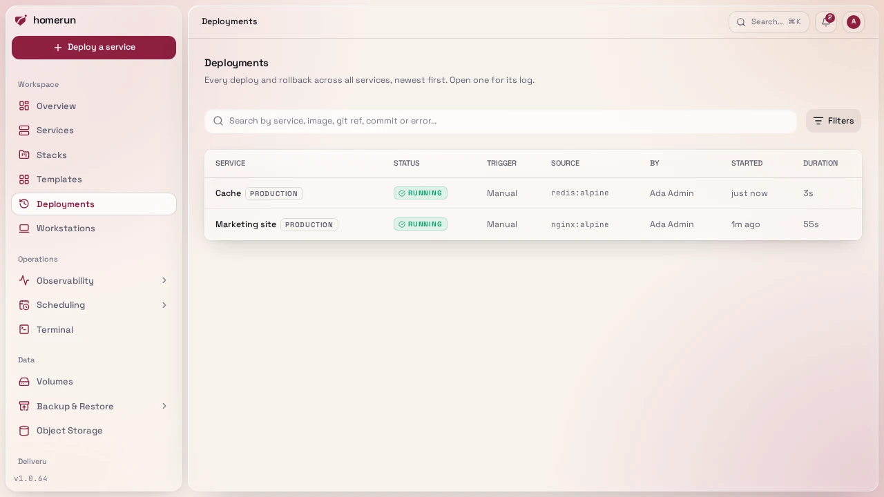 The Deployments page, with each deployment's environment badge