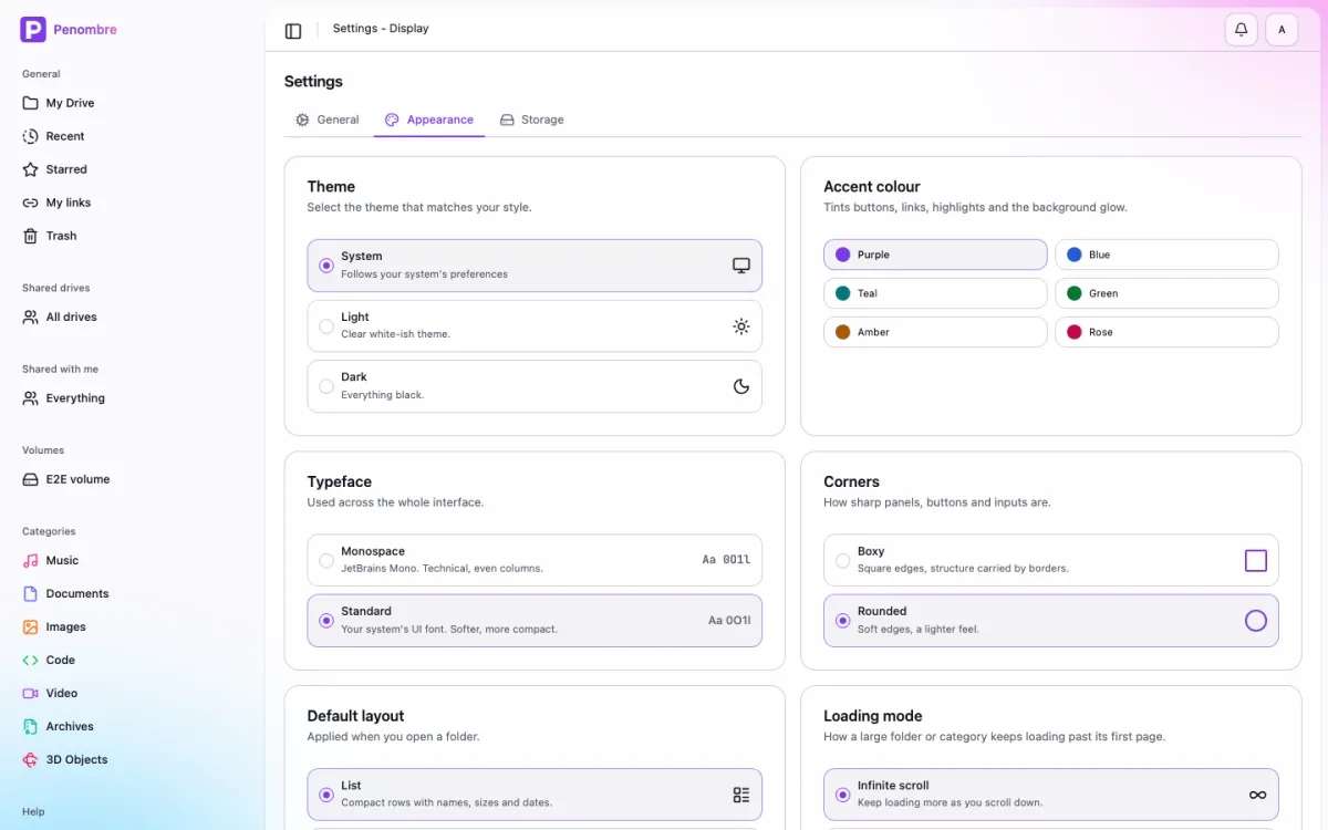 Appearance settings, showing typeface, corner and accent options