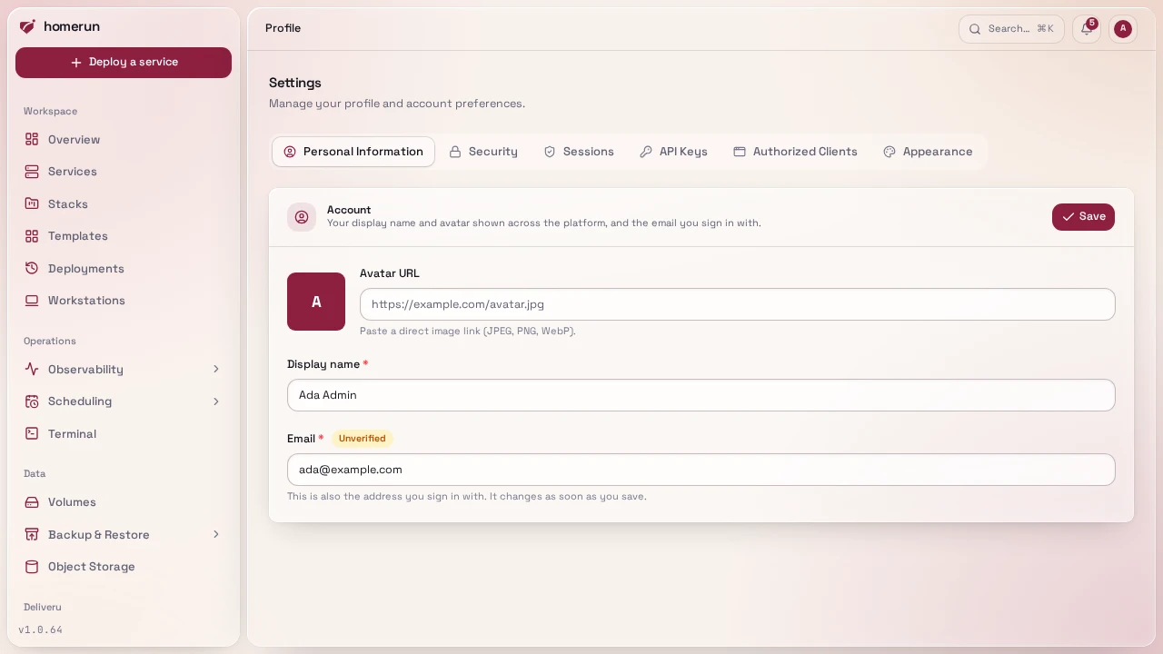 Profile → Personal Information: avatar, display name and email
