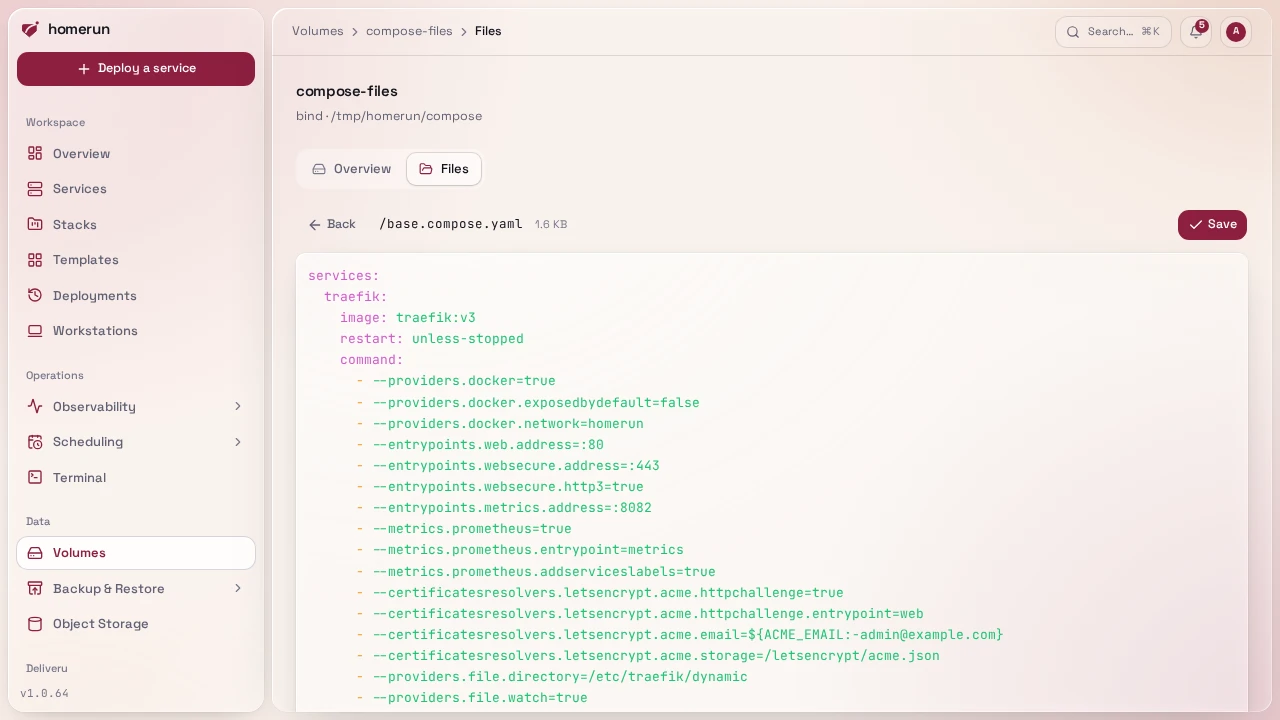 A volume's Files tab with a compose file open in the editor