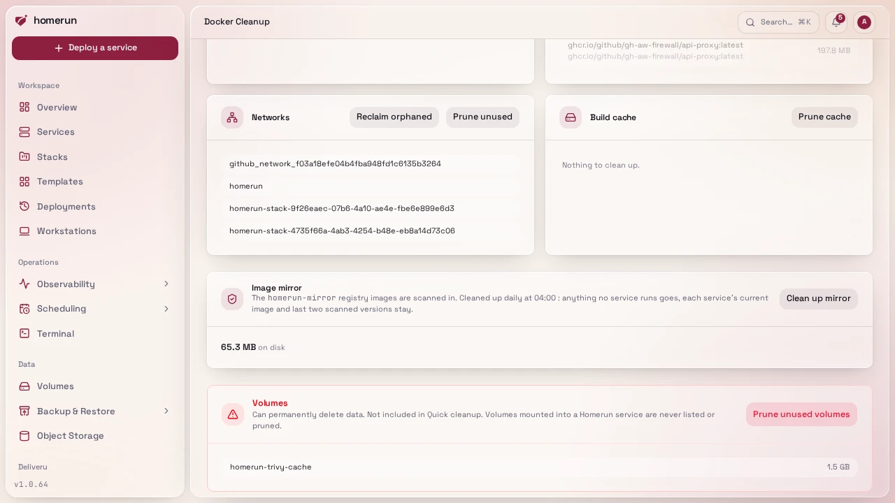 The Image mirror panel on Docker Cleanup, with its Clean up mirror button
