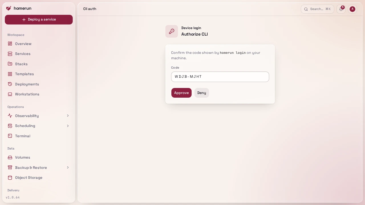 The Authorize CLI page, approving the code homerun login printed