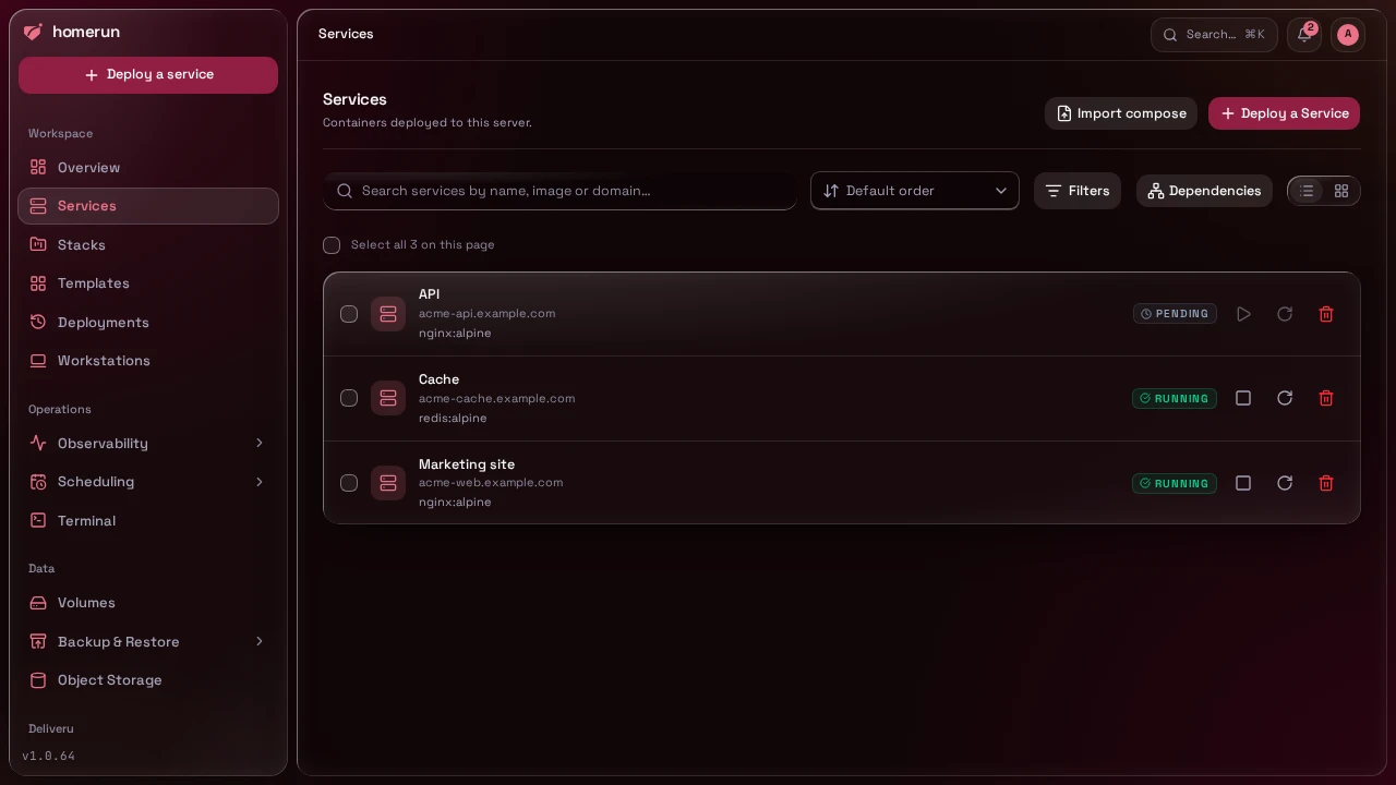 The services list, grouped by stack