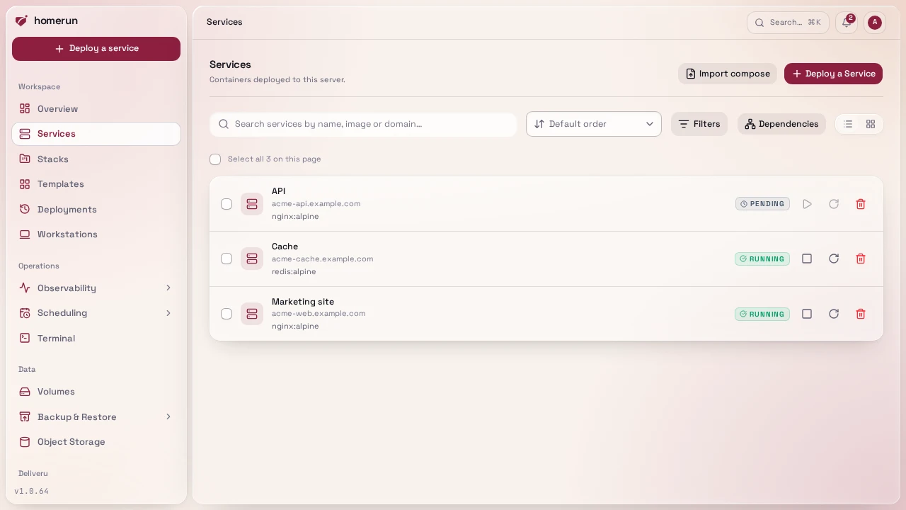 The services list, grouped by stack