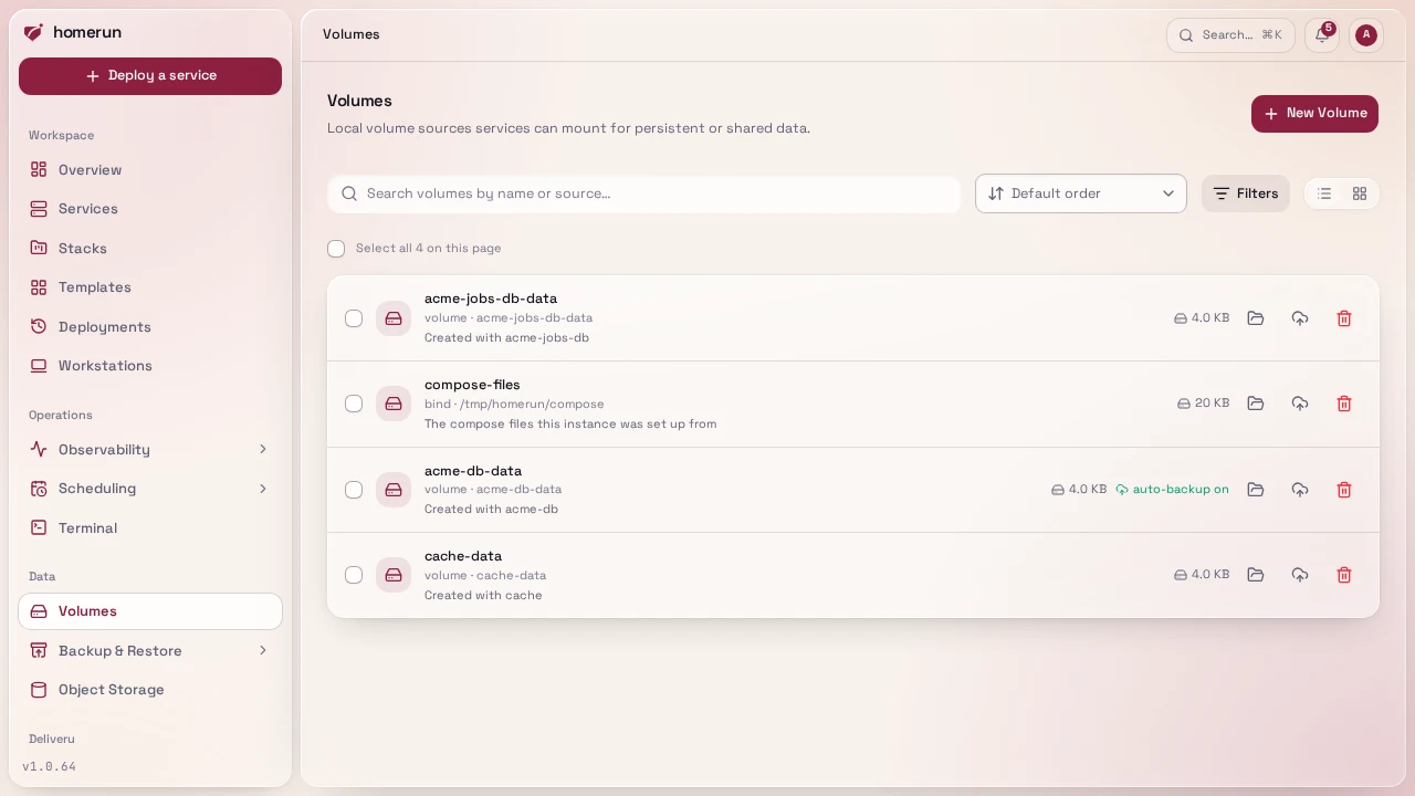 Volumes, listing each volume with its size and whether its backups are on