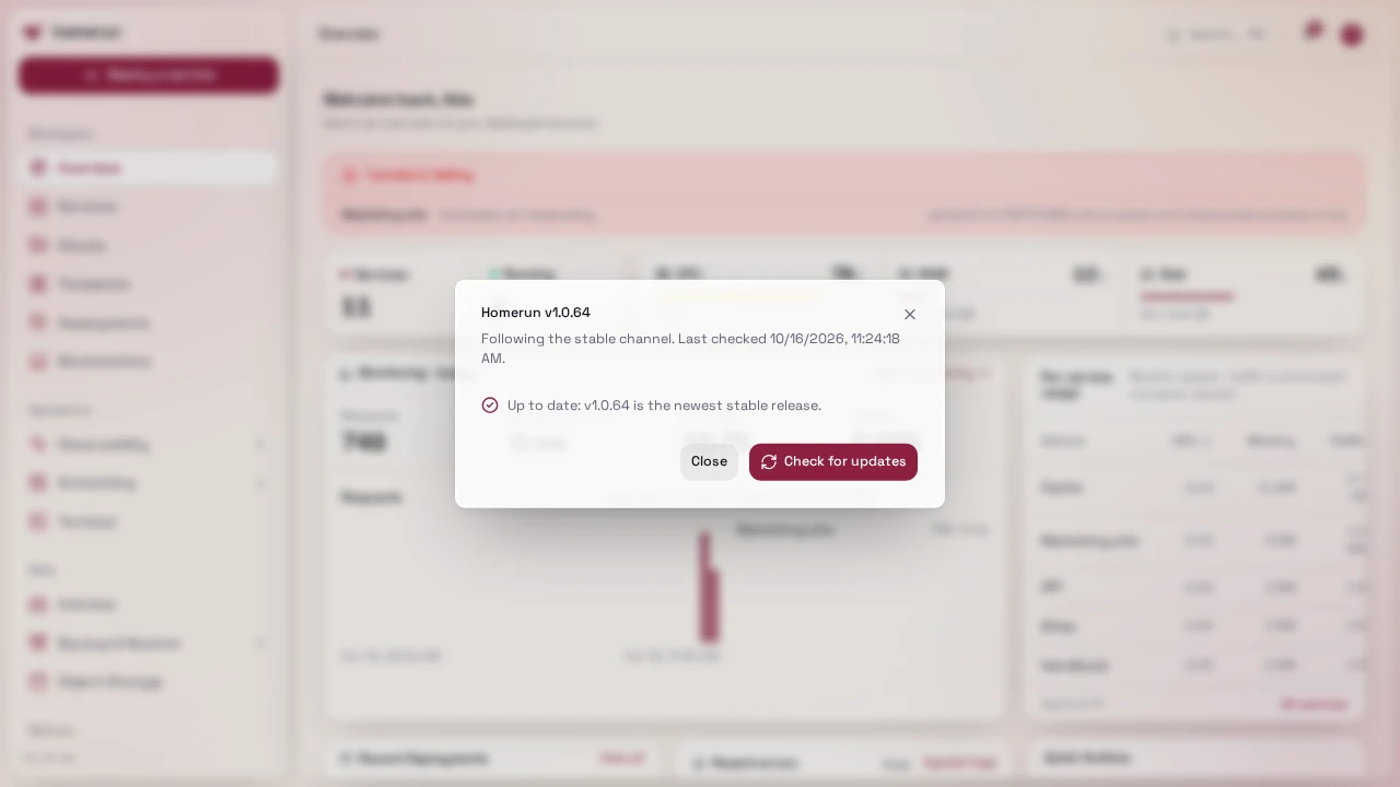 The update-status dialog opened from the version in the sidebar
